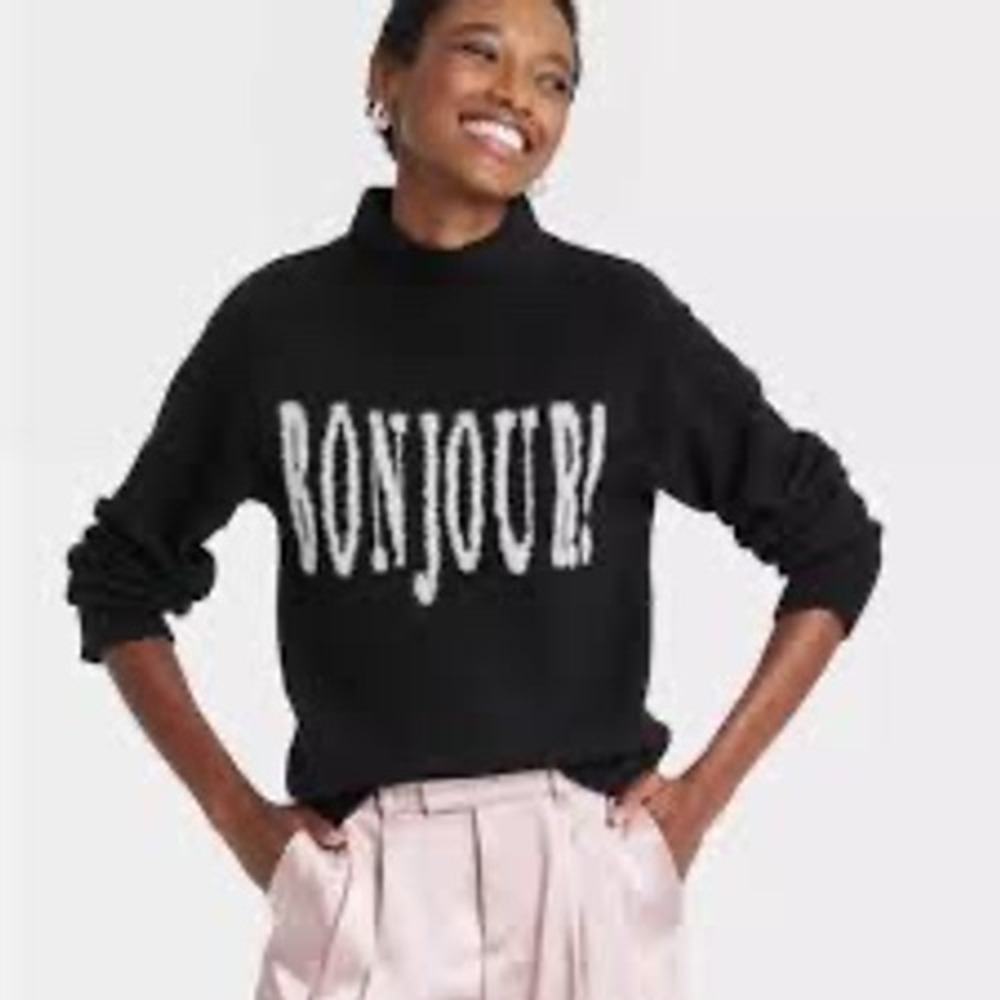 A New Day Women Black Bonjour Graphic Mock Neck Sweater Small Pullover